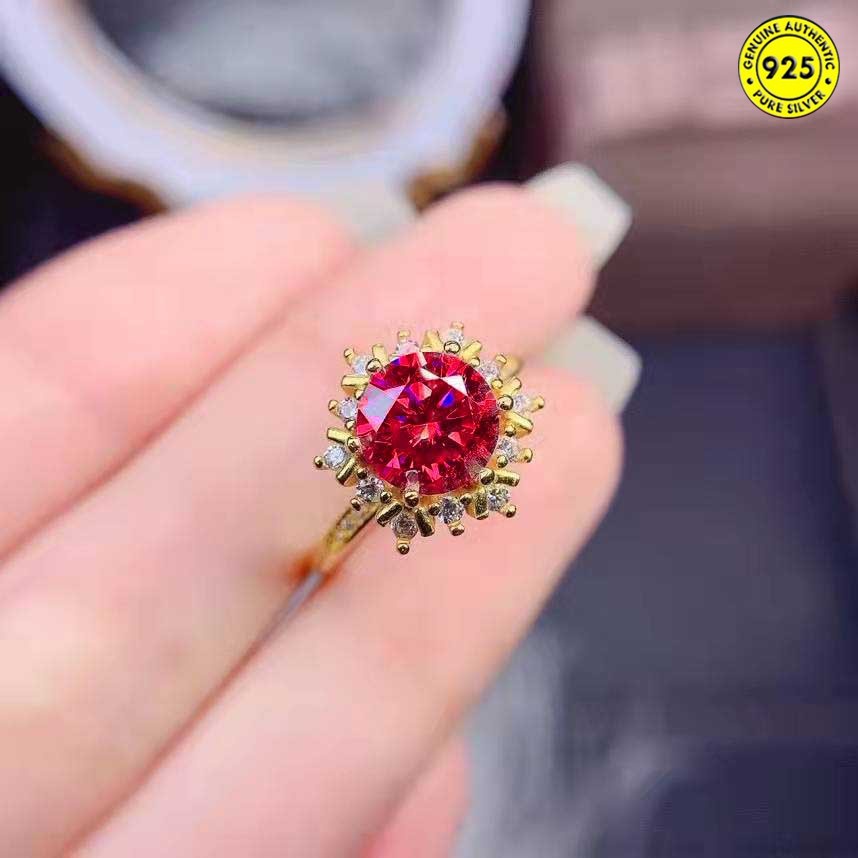 Cincin Emas Korundum Merah 5 Karat Desain Snowflake Hias Berlian Imitasi Untuk Wanita