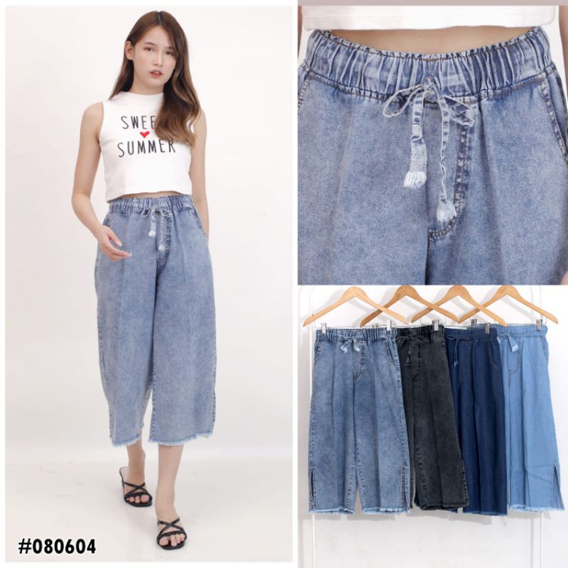 celana jeans kulot 7/8 boyfriend pinggang karet wanita belah samping rawis
