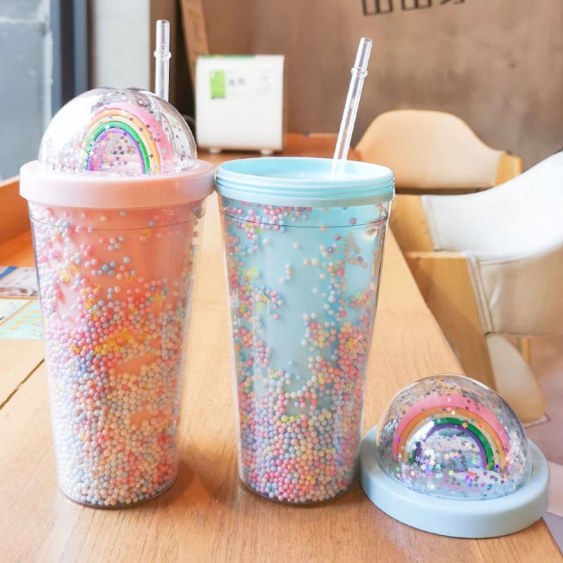 botol minum tumbler glitter rainbow sedotan