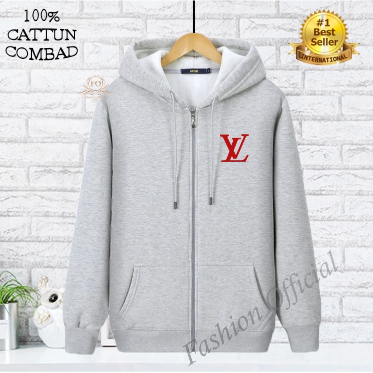 COD Jaket Sweater Hoodie Resleting Zipper LV Print Merah Premium Quality Bahan Fleece Tebal Pria & W