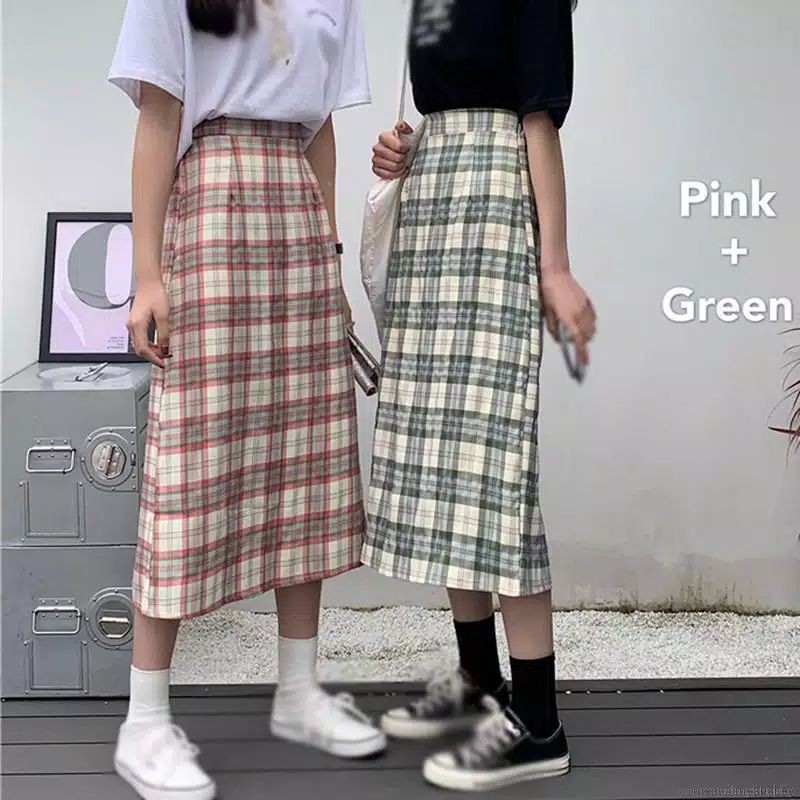 Rok Kotak-Kotak Panjang Rok Panjang Import Casual Vintage Korea