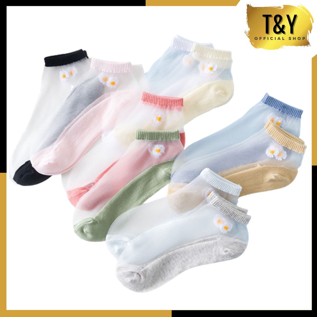 T&amp;Y Kaos Kaki Wanita Fashion Transparant Motif Bunga Daisy Kaos Kaki Wanita Motif Bunga Korea impor