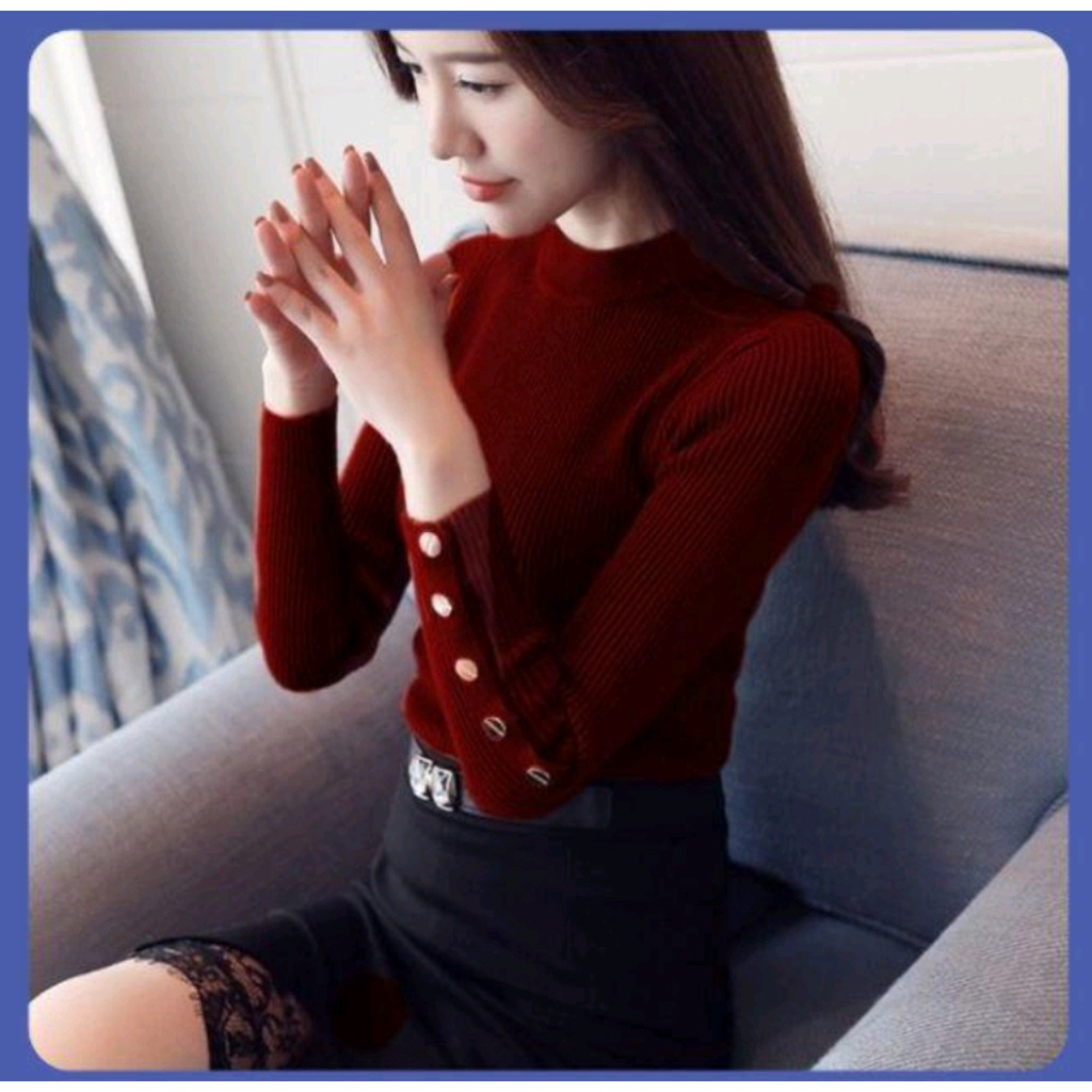 OZ BUTTON KNIT / Atasan rajut wanita turtle neck