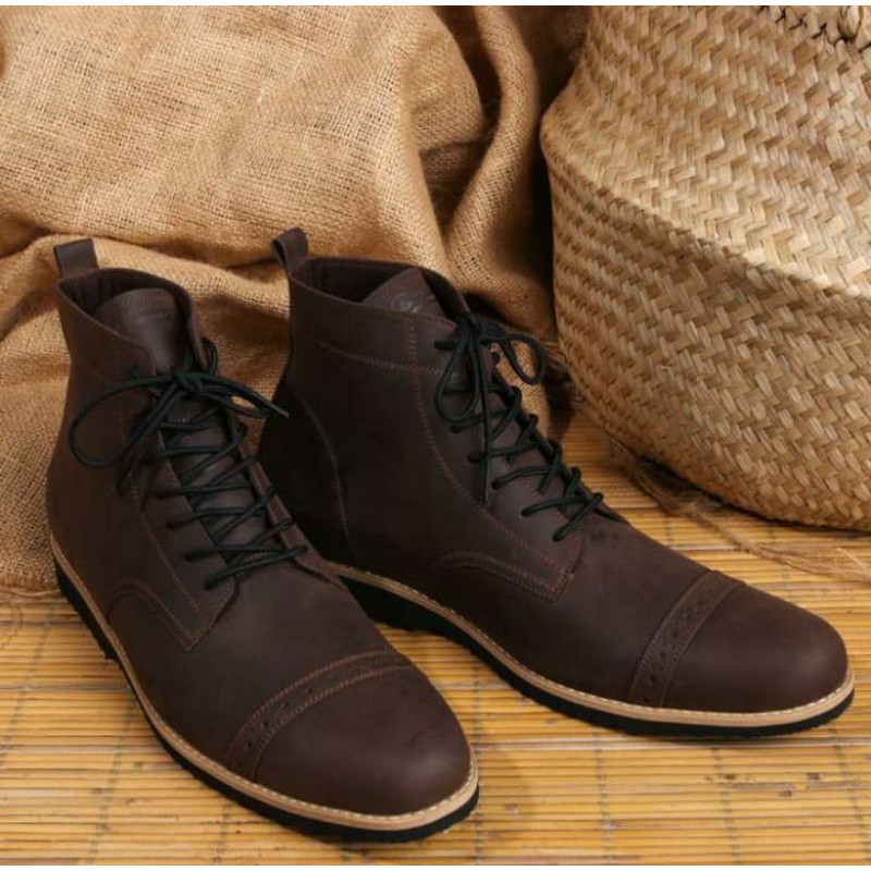 Sepatu Boots pria kulit asli sepatu kulit Crazy horse Boston model vintage