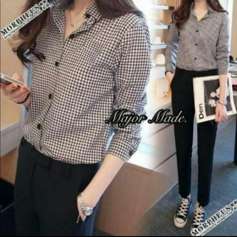 A93 Kemeja Kotak-kotak Wanita, Kemeja Cewek, Kemeja Kotak Kotak, Kemeja Lengan Panjang Wanita