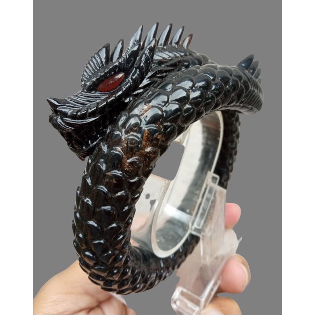 Gelang akar bahar hitam ukir kepala naga