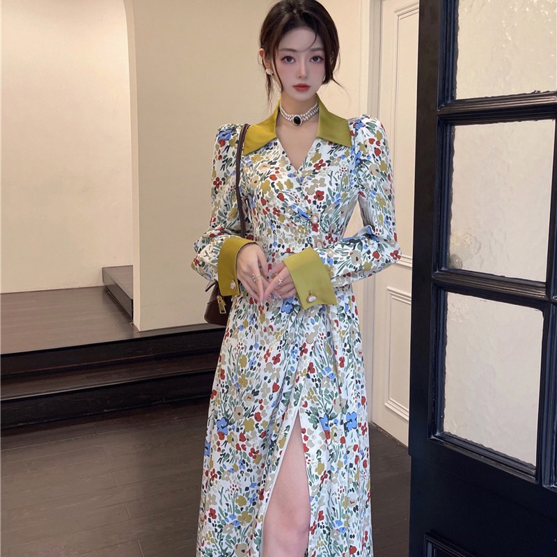 gaun gaya korea wanita jahitan bunga kerah gaun lengan panjang rok a-line mid-length chiffon slit sk