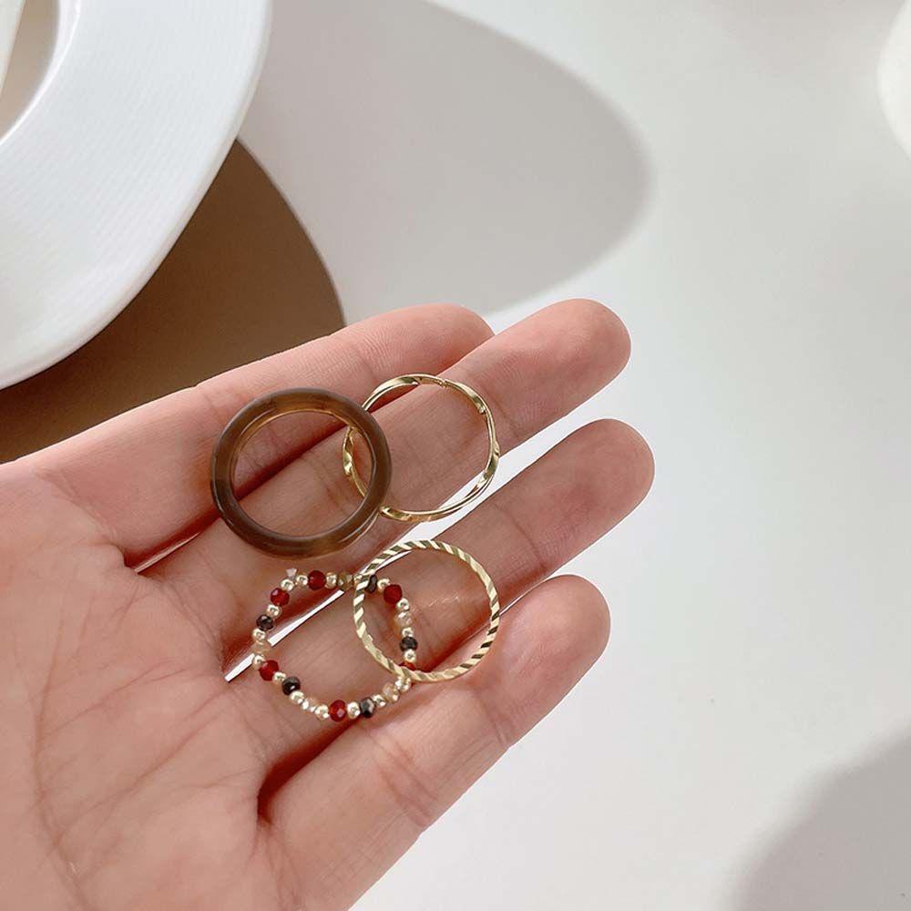 4pcs / set Cincin Manik-Manik Resin Geometris Warna-Warni Gaya Retro Korea Untuk Wanita