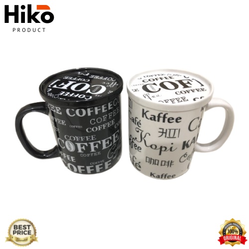 Gelas / Mug / Cangkir - Keramik - Motif Tulisan "Coffee" + Tutup - 300 ml| Gelas Mug | Cangkir Keram