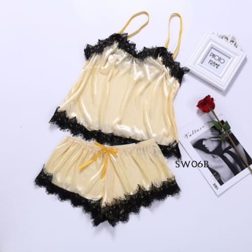 Baju Tidur - Baju Tidur Seksi Tanktop Piyamasilk Sexy Lingerie Wanita Kuning- Sw06B