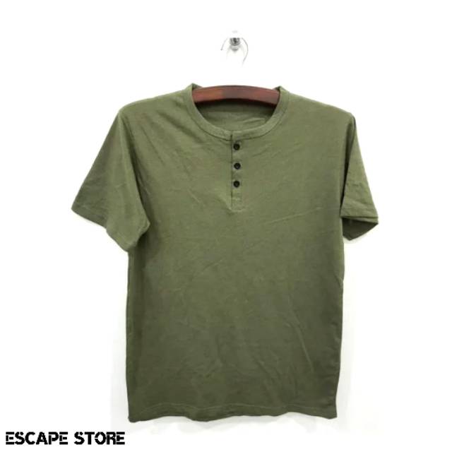 Kaos Henley Kancing Polos Lengan Pendek - HIJAU ARMY