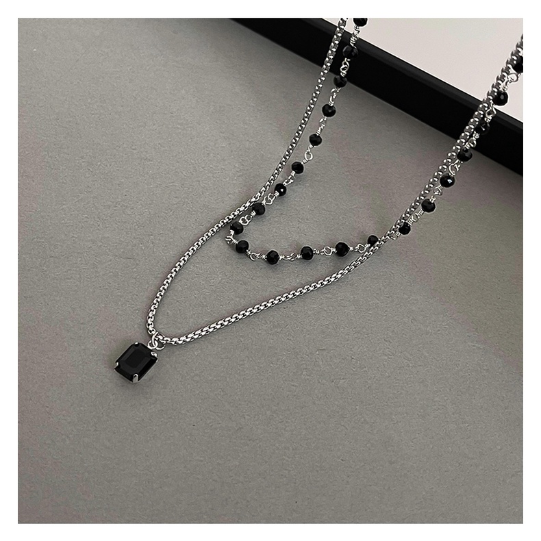 Kalung Rantai Ganda Hias Kristal Berlian Warna Hitam Gaya Retro