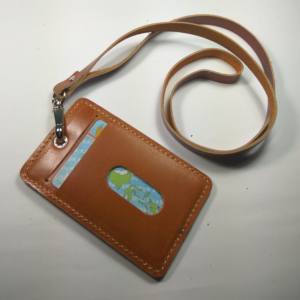 ID card holder kulit asli warna tan|gantungan id card | tali id card