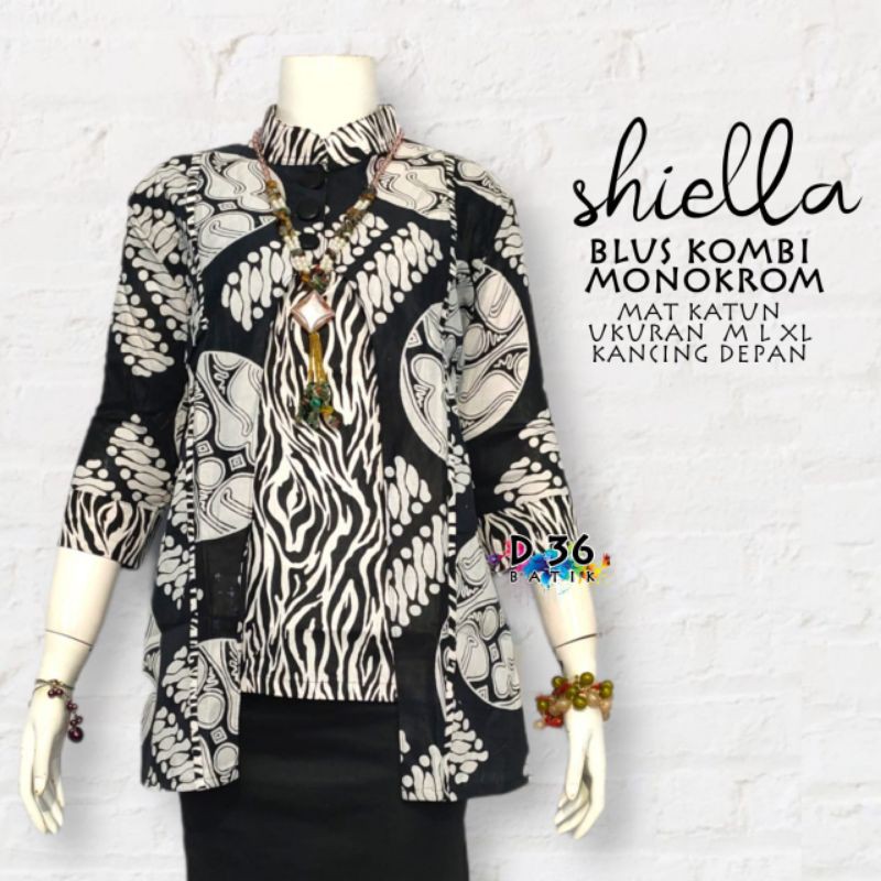 Blus Shiella hitam putih monokrom pendek lengan panjang Baju atasan katun halus Batik Wanita remaja cewek abg Kasual kerja kampus kuliah seragam seragaman kembaran sekolah etnik fashion Modern kasual trendy cantik kekinian terkini terbaru-Koin