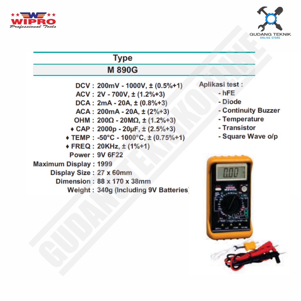 Alat Ukur Arus Listrik DIGITAL Kabel Tester WIPRO M-890-G / Multitester Multimeter Avometer DIGITAL WIPRO M 890 G - M890G WIPRO