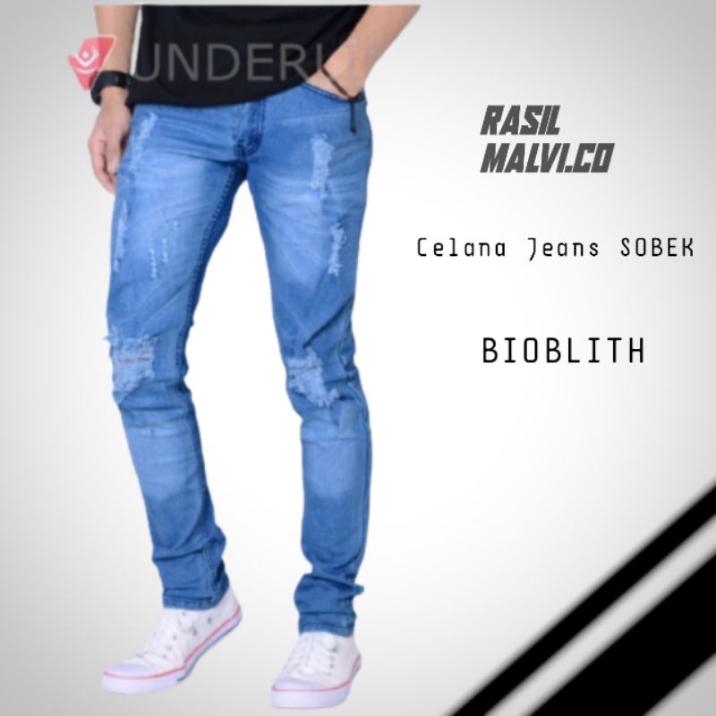 Celana Jeans Pria Sobek Panjang Cakar Ripper Lutut Bolong Denim Distro Levis Cowo Cowok Big Size M L
