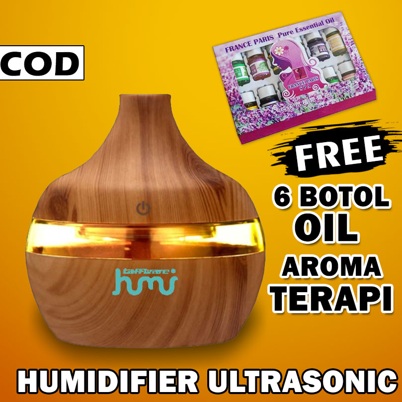 Humidifier Diffuser Aromaterapi Aromatherapy Disfuser Ultrasonic desain kayu Pengharum ruangan 300 ml-Coklat Muda + 6 oil