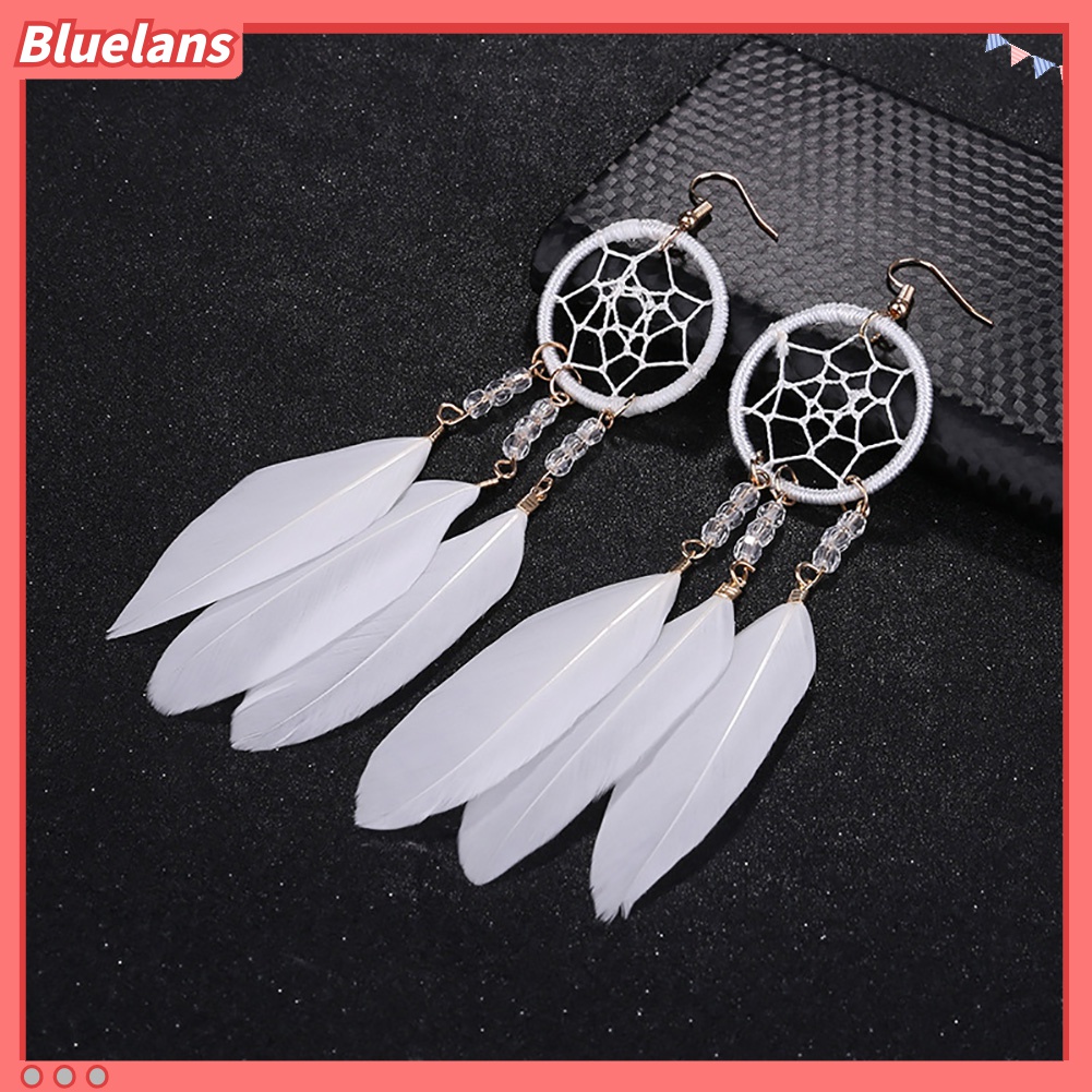 Anting Kait Gantung Desain Dream Catcher Hollow Hias Manik-Manik Bulu Gaya Bohemia Untuk Wanita