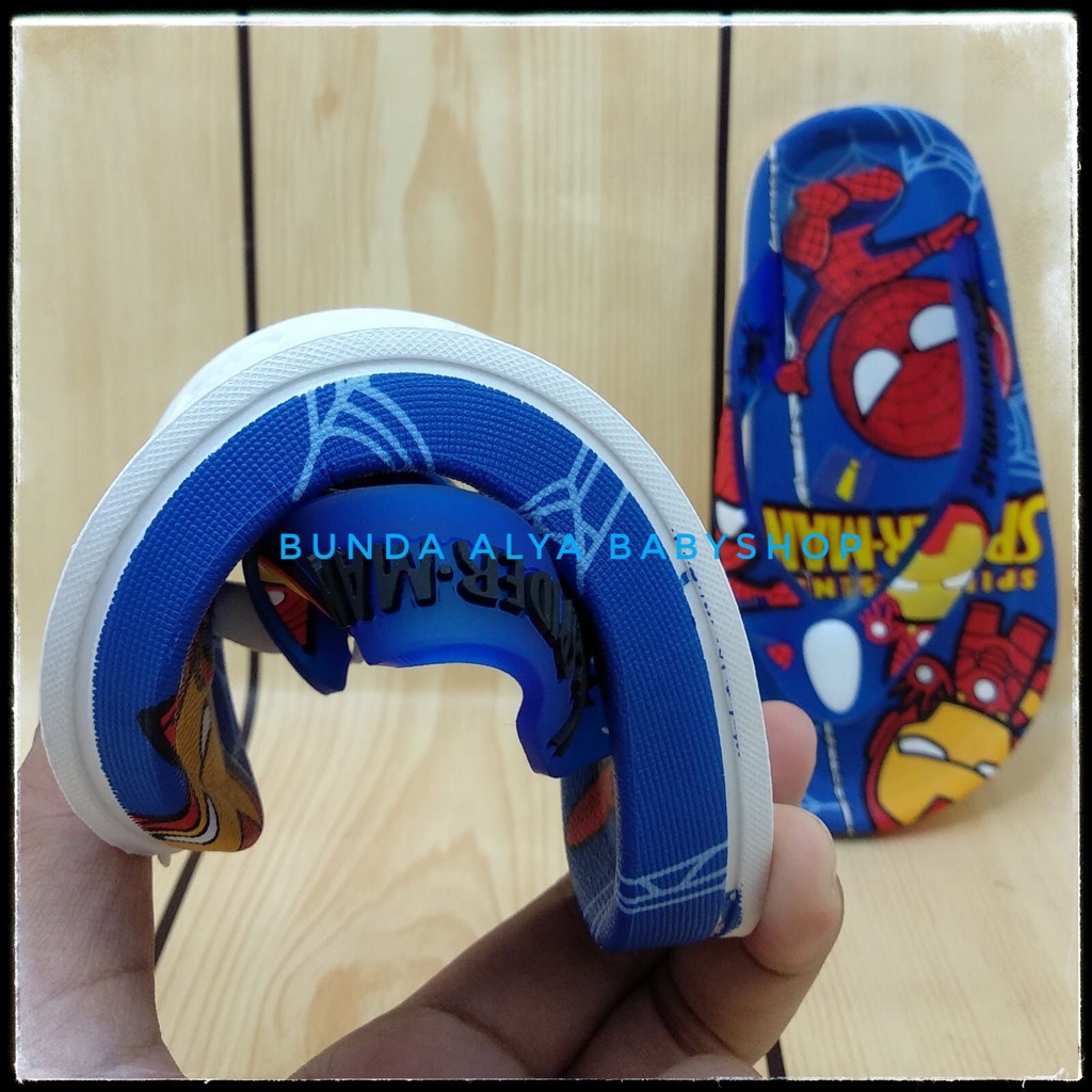 Sendal Anak Laki Jepit IMPORT Usia 5 6 7  Tahun  BIRU Motif Superhero - Sendal Jepit Anak Cowok Elastis Alas Karet Anti Licin