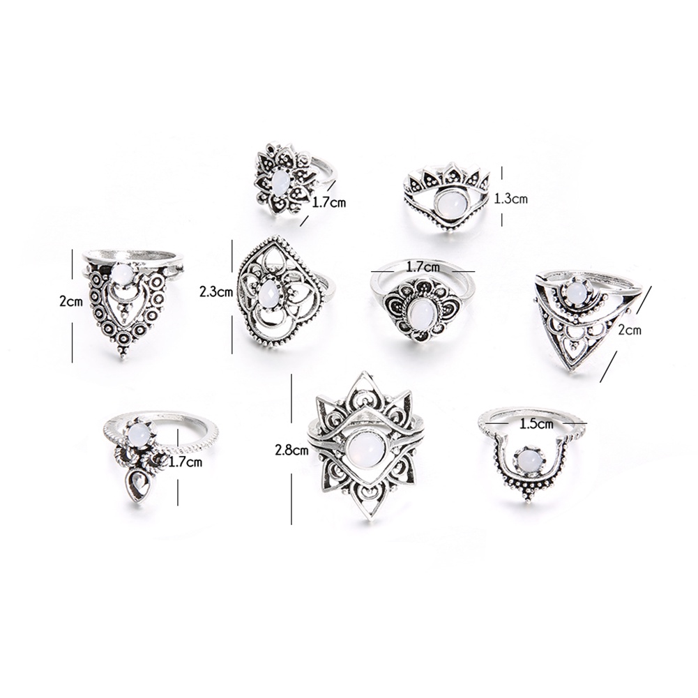 Hu Hu Hu Hu Hu Alat Bantu Pasang Kacamata♡ 9pcs / Set Cincin Buku Jari Aneka Bentuk Warna Silver Gaya Retro Untuk Wanita