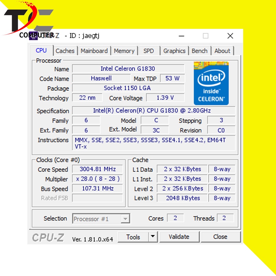 Processor Intel® Celeron® G1830 + FAN INTEL