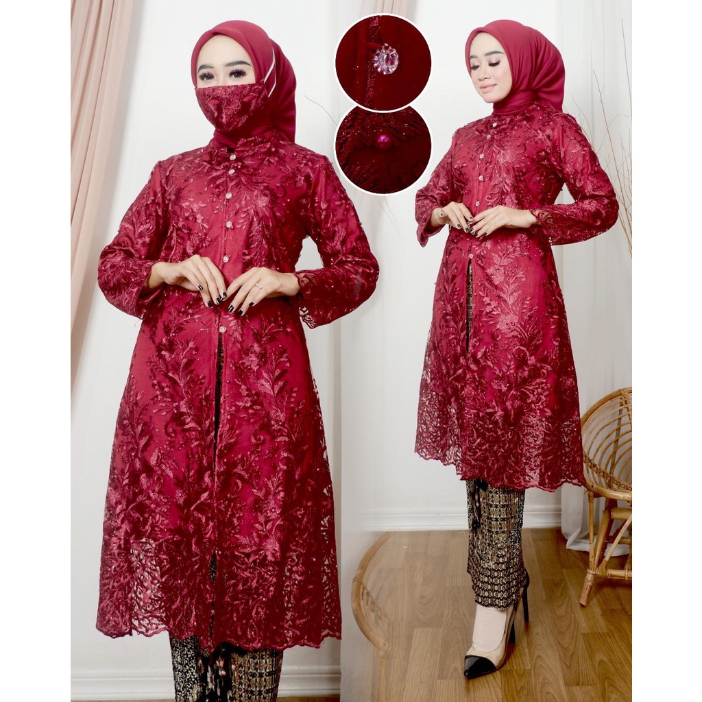 Set Tunik Tradisional Kancing seribu Modern//Setelan Tunik Tille Premium Pesta Modern//Tunik mewah//Set Kebaya Kondangan/kabju kebaya termurah/baju kebaya terbaru 2022/rok plisket/kebaya kekinian/seragam pesta/pakaian wanita/set pakaian pesta