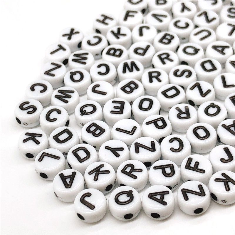 (1 Pon/450gr) Manik Mote Mute Bulat Putih Huruf Hitam Abjad Alfabet Bahan Craft DIY