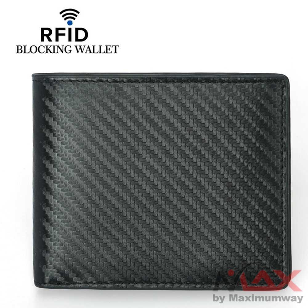 Dompet Lipat Pria dengan Anti RFID Blocking Anti Maling Magnetic RFID Aman untuk Kartu ATM Credit Card Emoney Trans Jakarta Kartu Akses Masuk Genuine Leather Men's Card Holder Carbon Fiber Grain Anti-theft Brush Wallet Cowhide Short RFID Wallet