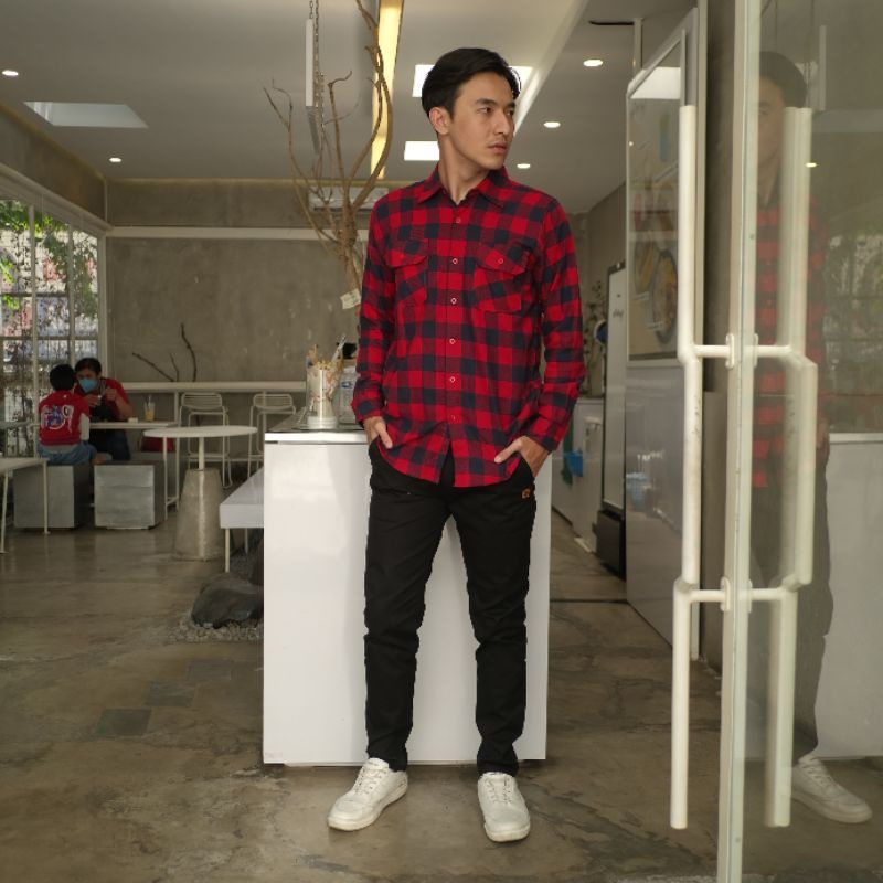Kemeja Flannel Pria Lengan Panjang Slim fit