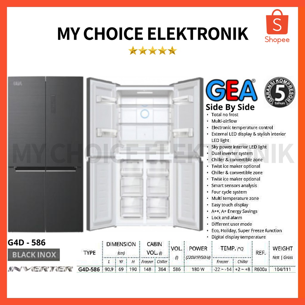 GEA Kulkas Side by Side G4D-586 | G4D586 4 Pintu Inverter 586 L