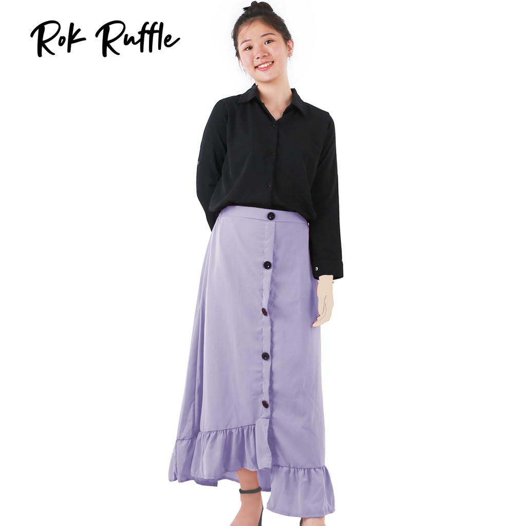 Rok Ruffle PANJANG Rample Korea Rok Kancing Button Skrit Pinggang Karet - YELONIX-LILAC