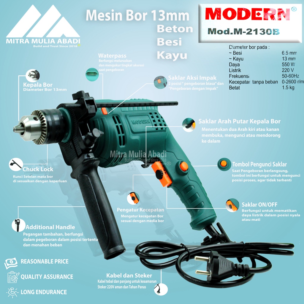 Bor Beton Listrik Mesin Impact Drill 13 mm Modern M 2130 B 28 pcs