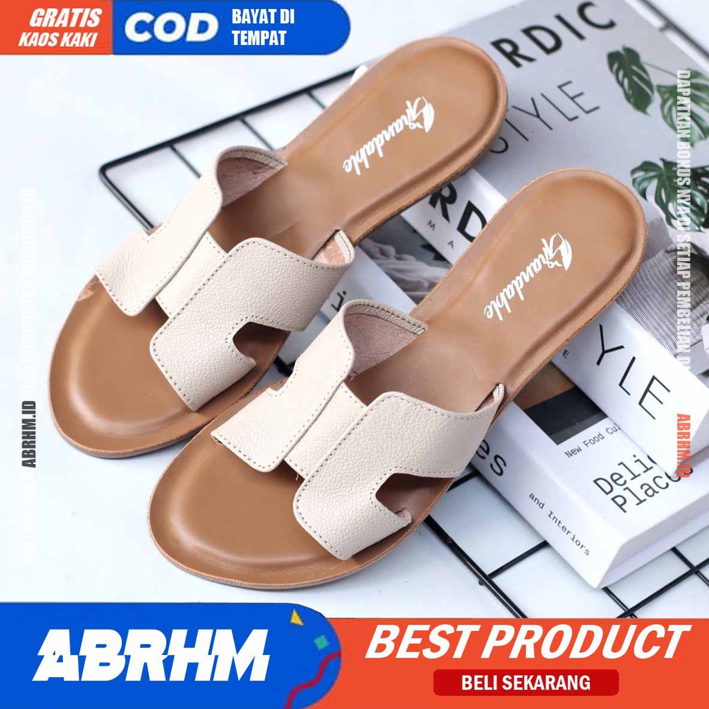 ABRHM x ADELIA Sandal Kulit Wanita Papirut Sendal Slop Asli Garut Sandal CAsual Wanita Original Murah