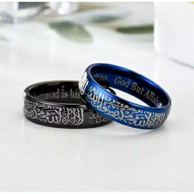 Fourfashion Cincin Tauhid Muslim Pria Wanita Anti Karat Warna Emas Biru Silver Hitam Islam Kaligrafi