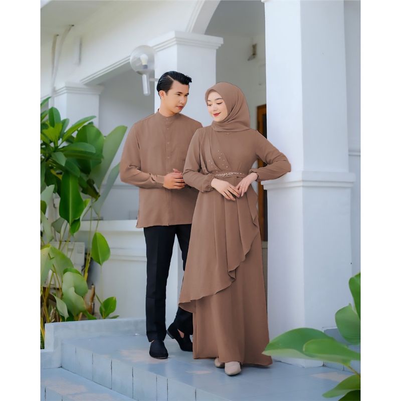 Setelan baju couple gamis muslim keluarga perempuan dan kemeja pria gamis couple pesta gaun muslim d
