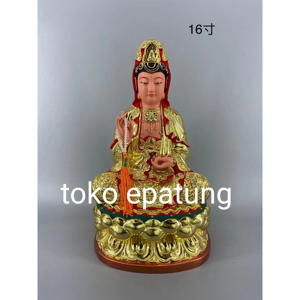 patung dewi kwan im / kwan in / guan yin - emas - kayu -16 inch (m)