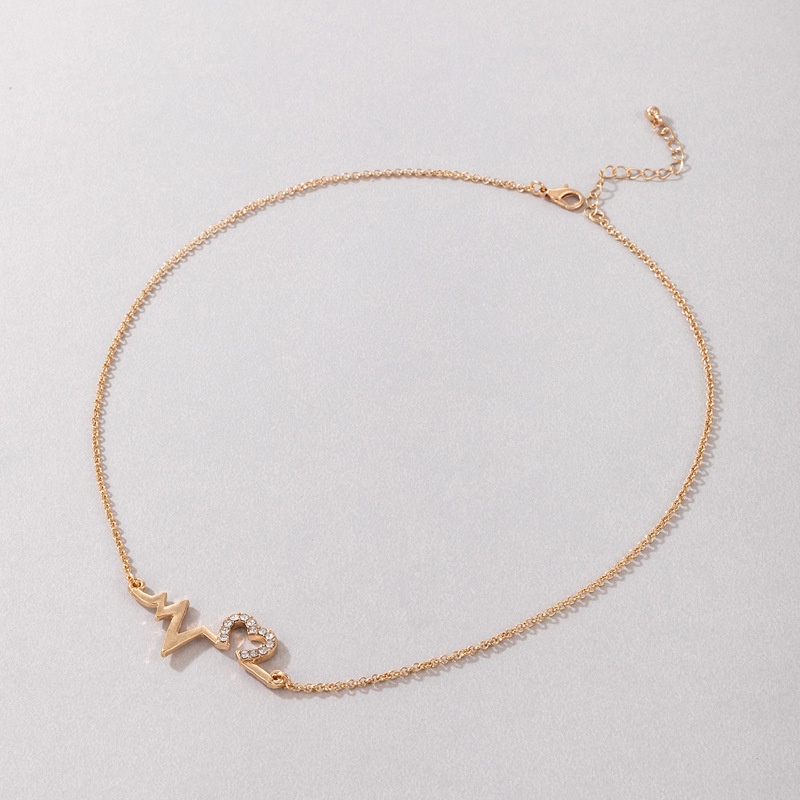 Kalung Rantai Klavikula Bentuk Hati Electrocardiogram Bahan Alloy Aksen Berlian