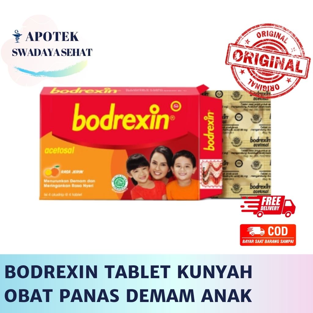 BODREXIN BOX Isi 16 Tablet Kunyah Rasa Jeruk - Obat Penurun Demam Panas Strip 4 Tablet Anak