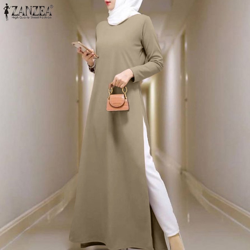 ZANZEA Women Casual Solid Long Sleeve Slit Side Hem Muslim Long Dress