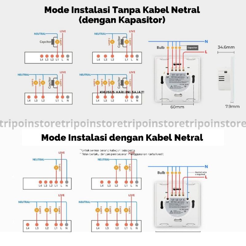 Smatrul WIFI Touch Smart Wall Switch Dual Mode - Saklar Pintar Tuya 2 Gang - No Neutral + with Neutral