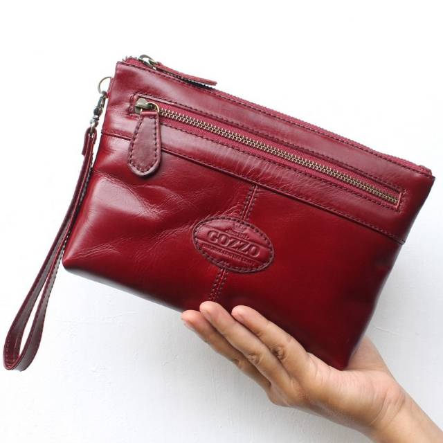 CLUTCH WANITA KULIT ASLI HELLENA MERAH MAROON / FREE GRAVIR NAMA