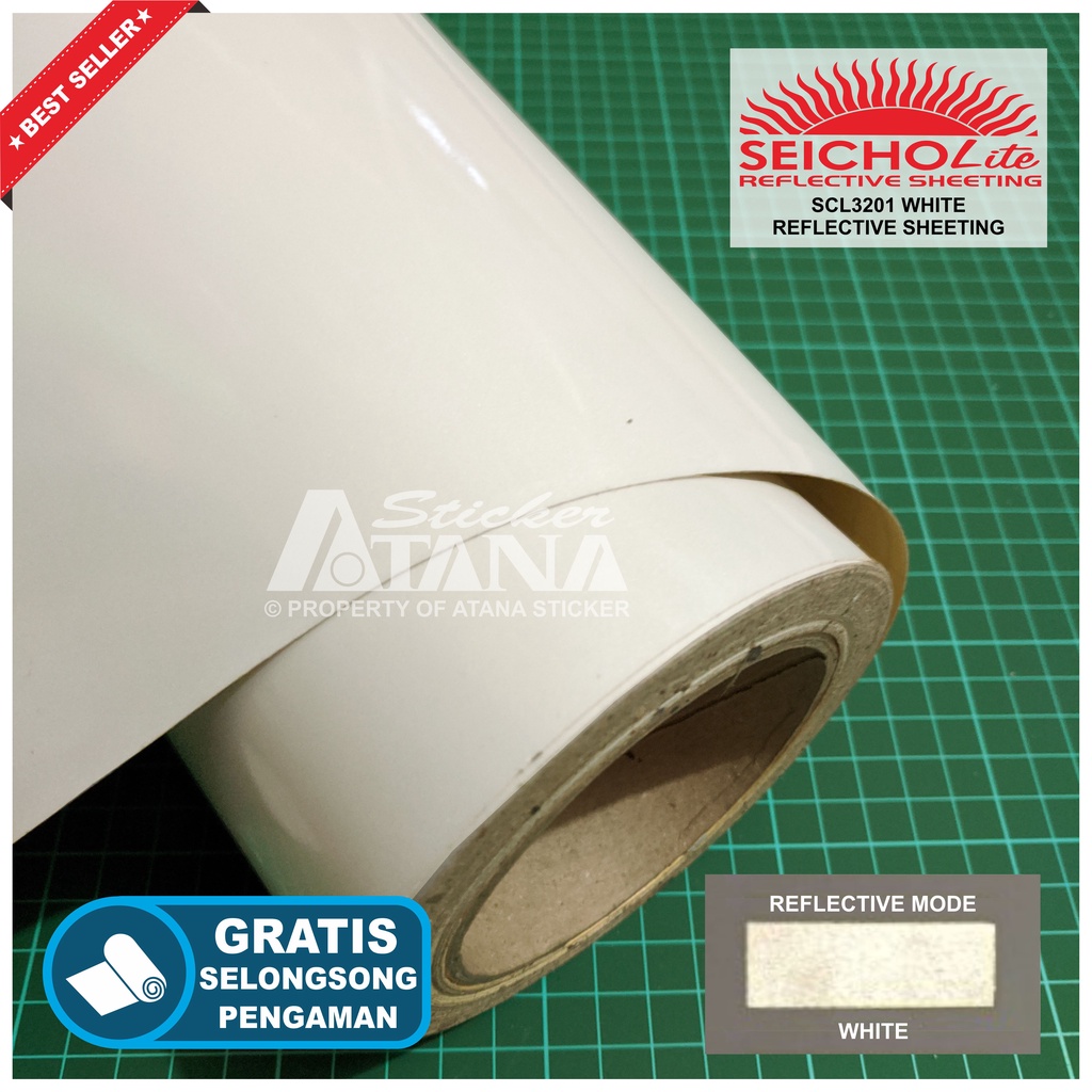 Bahan Stiker Cutting Putih Skotlet Reflektif Fosfor White Seicholite Reflective Sheeting Nyala Printing Sticker Material Scotchlite Scolite Scotlet Sechotlite Memantulkan Cahaya Flash Malam Hari Mata Kucing Mesin Plotter