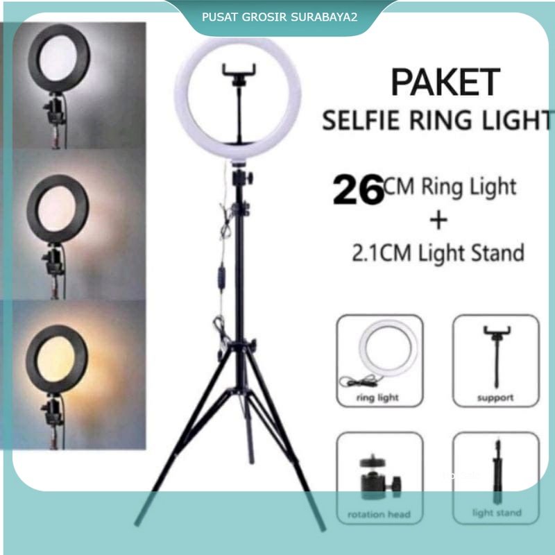PAKET KOMPLIT RINGLIGHT 26CM + TRIPOD 2,1 METER MAKE UP VLOG LAMPU RINGLIGHT