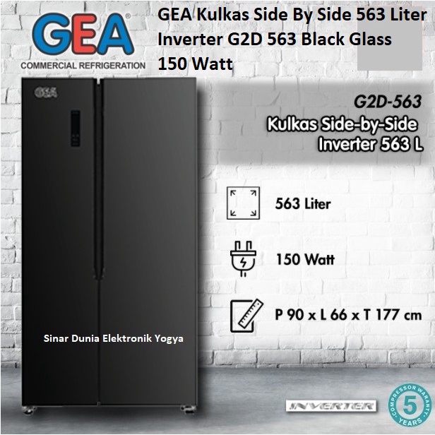 GEA Kulkas Side By Side 563L Inverter G2D-563 Black Glass 150W G2D 563