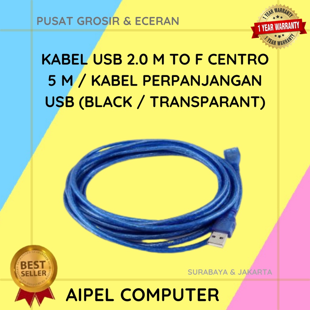 AFC5 | KABEL USB 2.0 MALE TO FEMALE CENTROO 5 M / KABEL PERPANJANGAN USB (BLACK / TRANSPARANT)