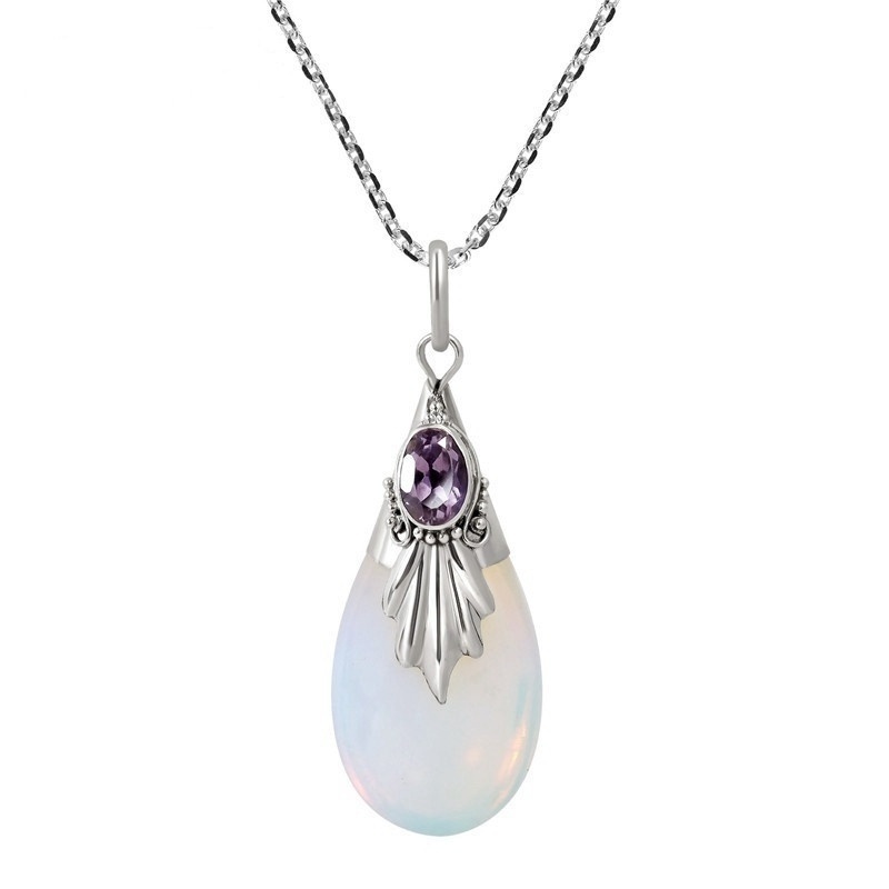 Kalung Sterling Silver 925 Dengan Liontin Kristal Moonstone Bentuk Tetesan Air Untuk Wanita