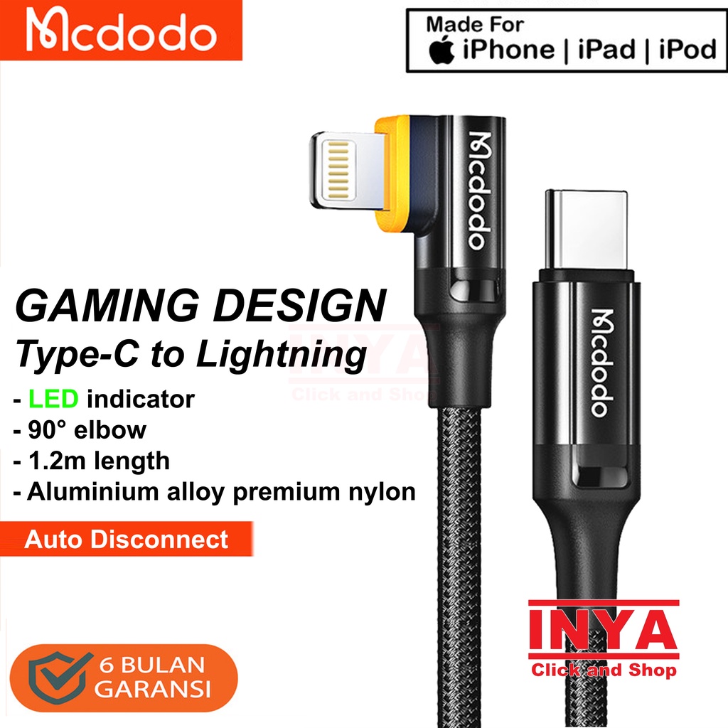 MCDODO CA-126 AUTO POWER OFF 90° Type-C to Lightning 1.2m - Gaming Design Data Cable - Kabel Data iPhone