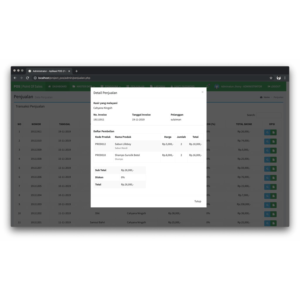 Aplikasi Web Sistem Informasi Penjualan Kasir Point Of Sales (POS) PHP MySQLi &amp; Ajax