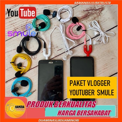 PAKET COMBO MIC VLOG CLIP ON MICROPHONE MICROFON KLIP SMULE SING VIDEO YOUTUBERVLOGGER 3.5 JACK HP