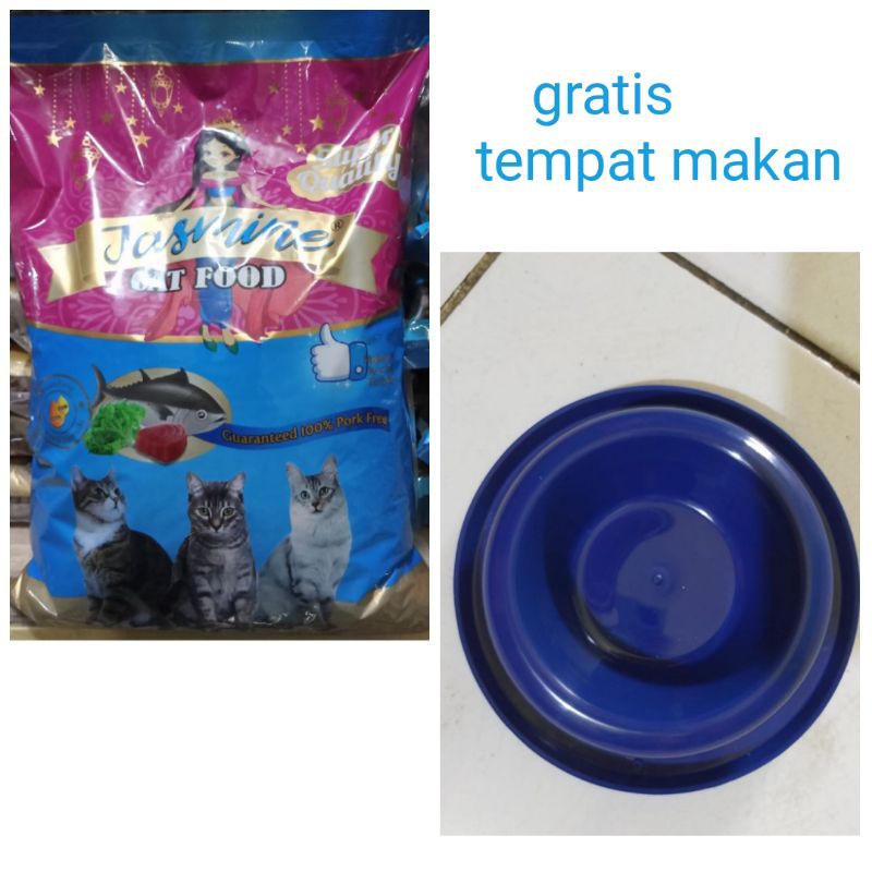 Paket Murah Makanan Kucing Kering JASMIN 1kg Gratis Tempat Makan Kucing